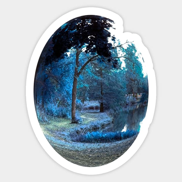 Beautiful Blue Fantasy Trail Scene with Blue Leaves - Tomahawk Creek Pond Overland Park KS Sticker by Zen Goat 